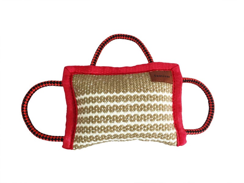 Tealover Dog Training Bite Pillow 3 Handles Jute Tug Toy for Young Dogs Puppy Interactive Playing,Red - Image 1